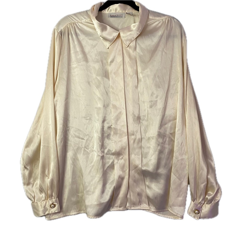 Karen Scott Satin Blouse Women 16‎ Cream Pearl Button Long Sleeve Top